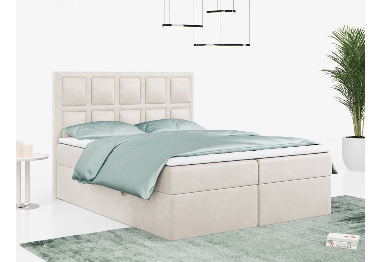 Jasnobeżowe łóżko kontynentalne ze sprężynowym materacem i designerskim wezgłowiem PREMIUM 5 140x200