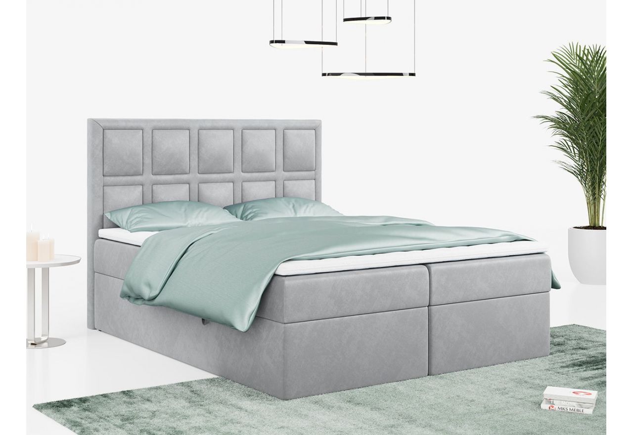 Dwuosobowe łóżko kontynentalne, welurowe PREMIUM 5 z szarą tapicerką i stylowym zagłowiem 140x200