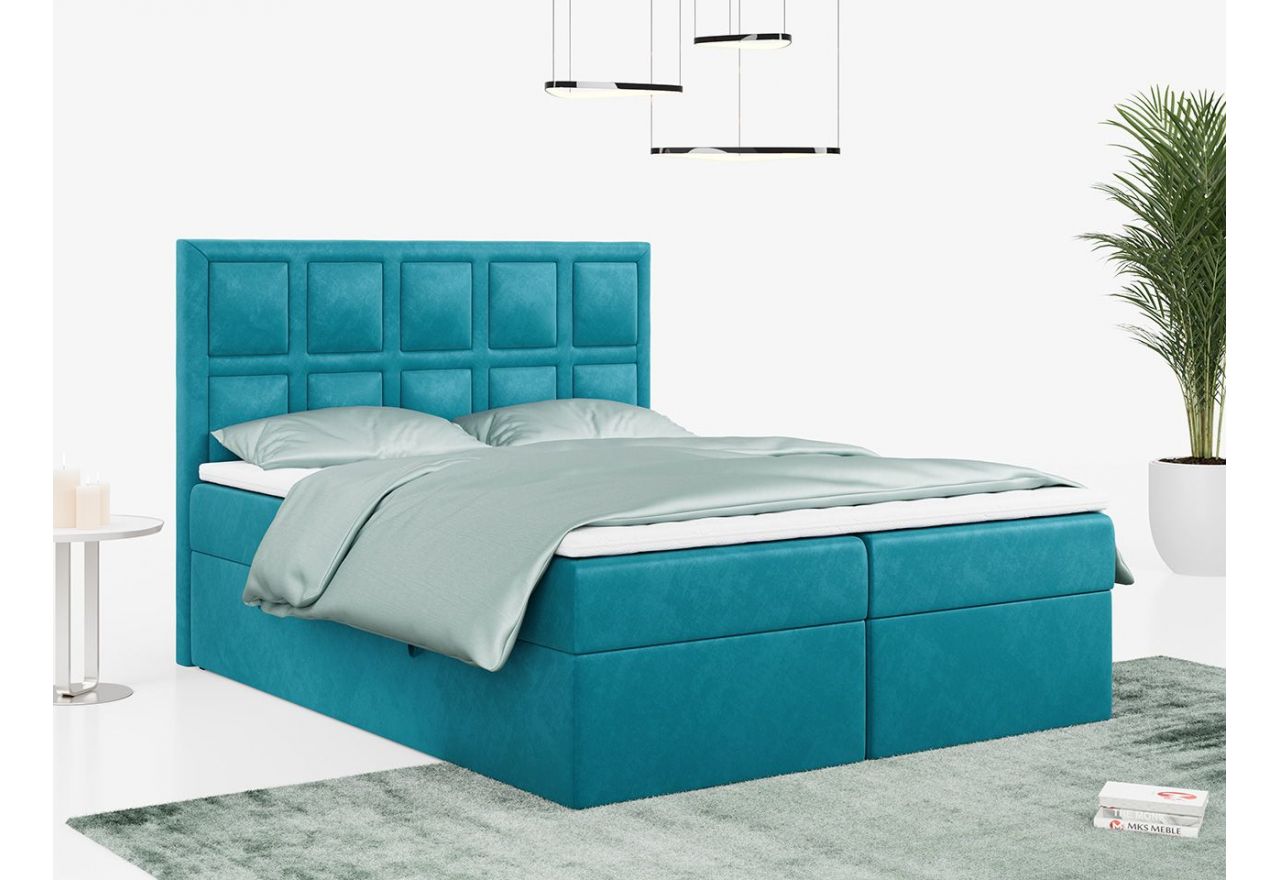 Łóżko kontynentalne PREMIUM 5 do dużej sypialni, tapicerowane w kolorze butelkowej zieleni, z dwoma pojemnikami, 180x200