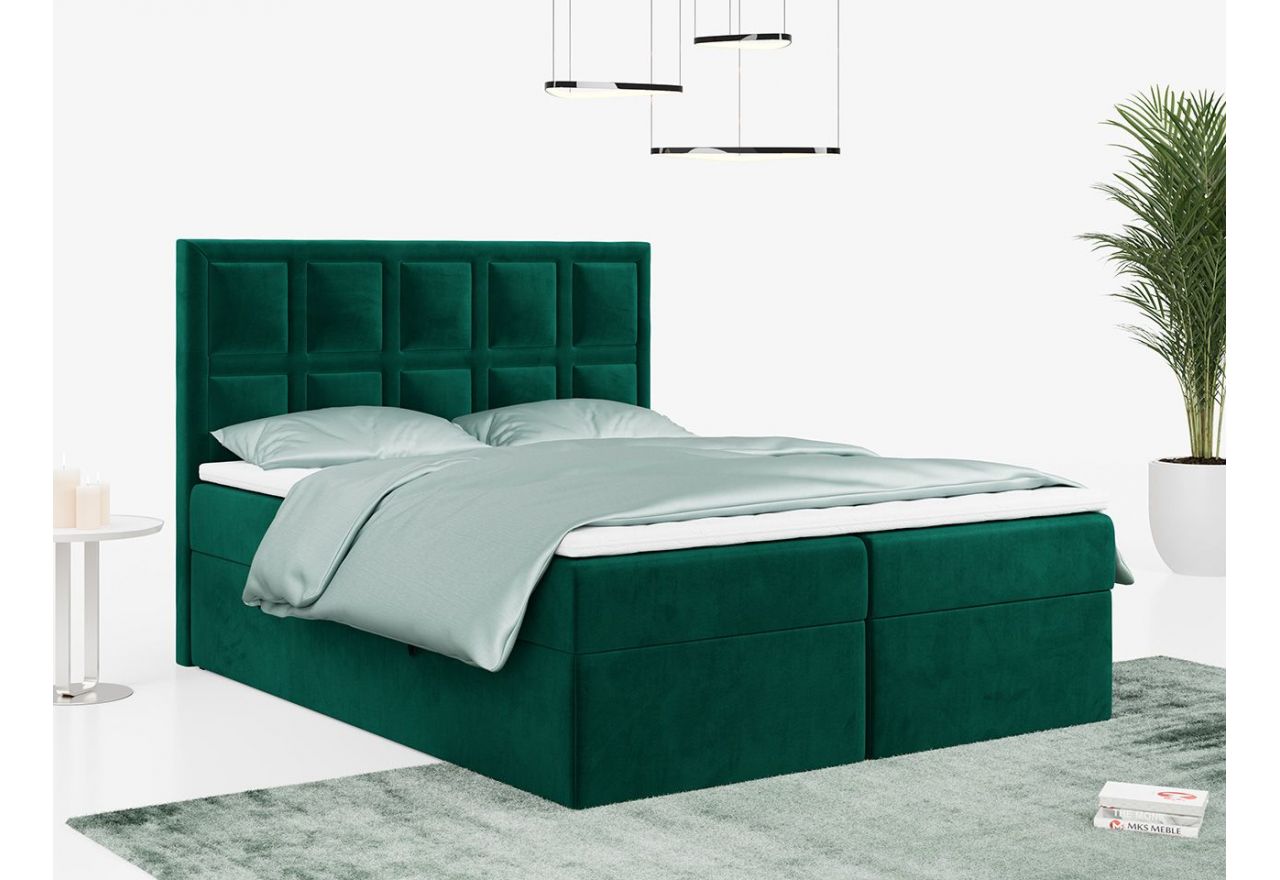 Łóżko kontynentalne PREMIUM 5 do dużej sypialni, tapicerowane w kolorze butelkowej zieleni, z dwoma pojemnikami, 180x200