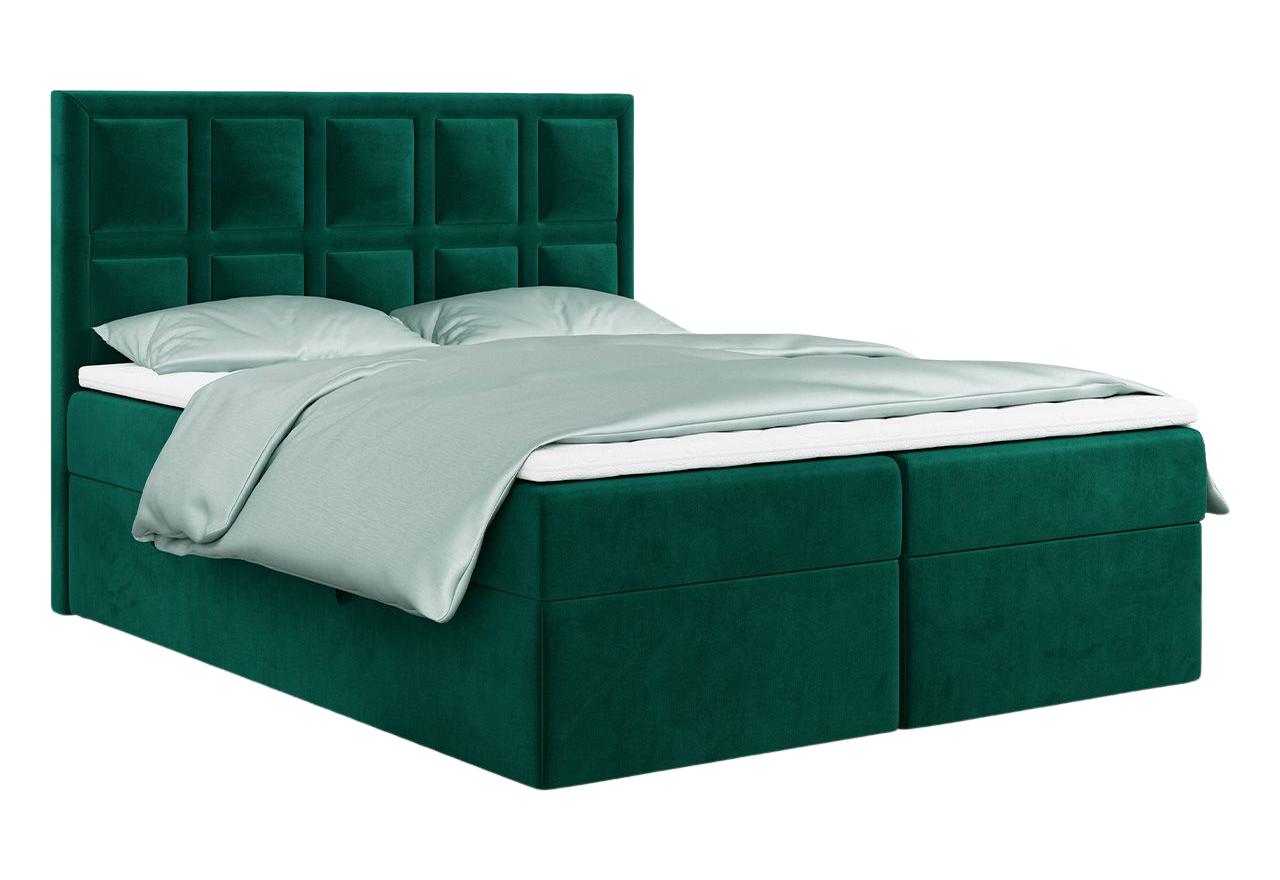 Łóżko kontynentalne PREMIUM 5 do dużej sypialni, tapicerowane w kolorze butelkowej zieleni, z dwoma pojemnikami, 180x200