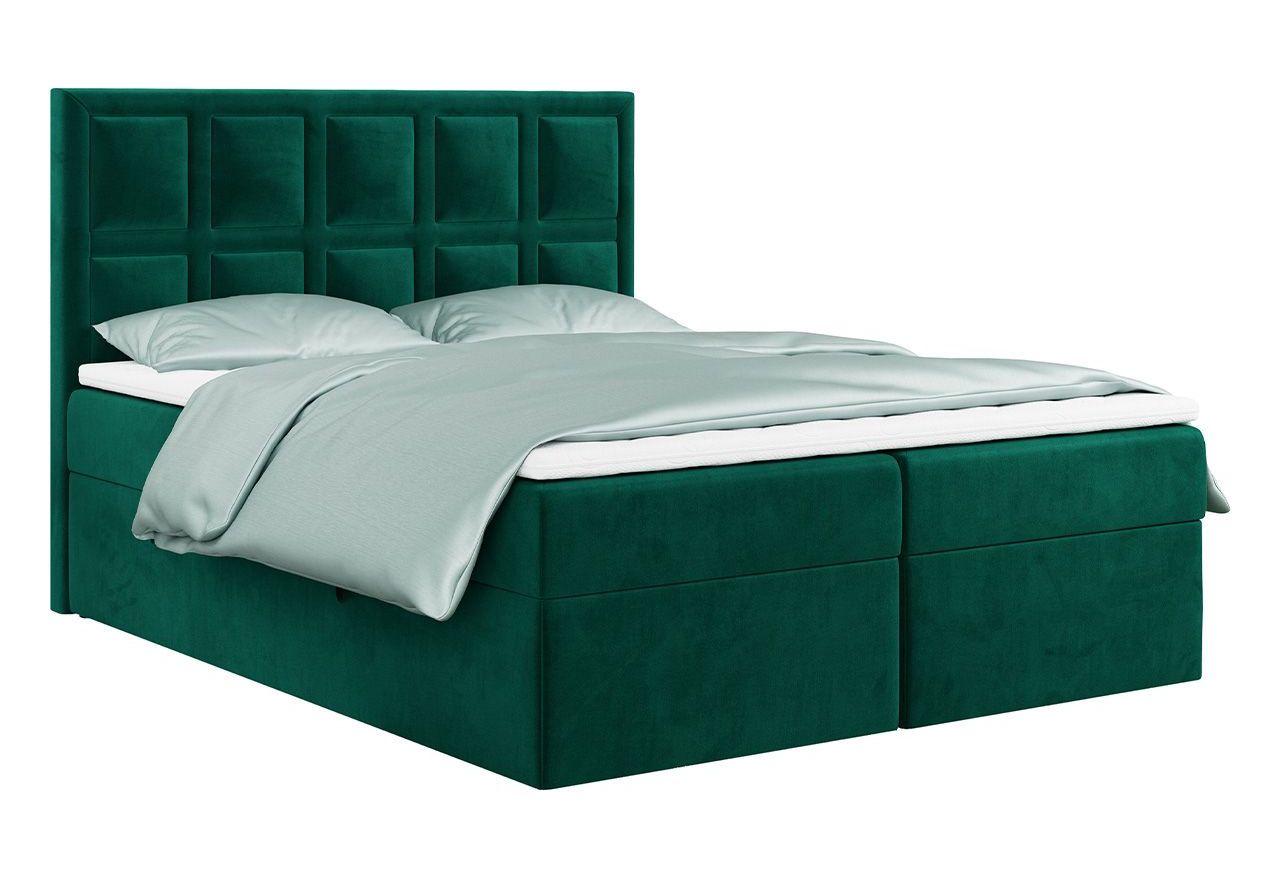 Łóżko kontynentalne PREMIUM 5 do dużej sypialni, tapicerowane w kolorze butelkowej zieleni, z dwoma pojemnikami, 180x200