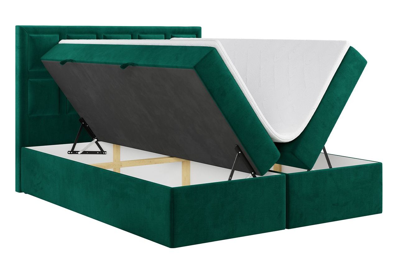 Łóżko kontynentalne PREMIUM 5 do dużej sypialni, tapicerowane w kolorze butelkowej zieleni, z dwoma pojemnikami, 180x200