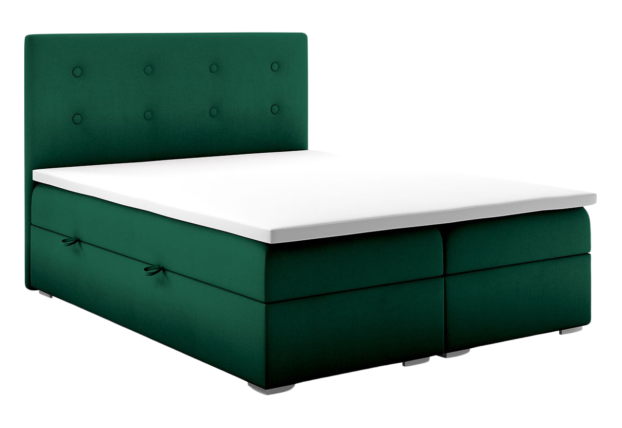 Wygodne, duże łóżko kontynentalne RAMIR do sypialni, z materacem sprężynowym 200x200 cm, welurowe w kolorze butelkowej zieleni
