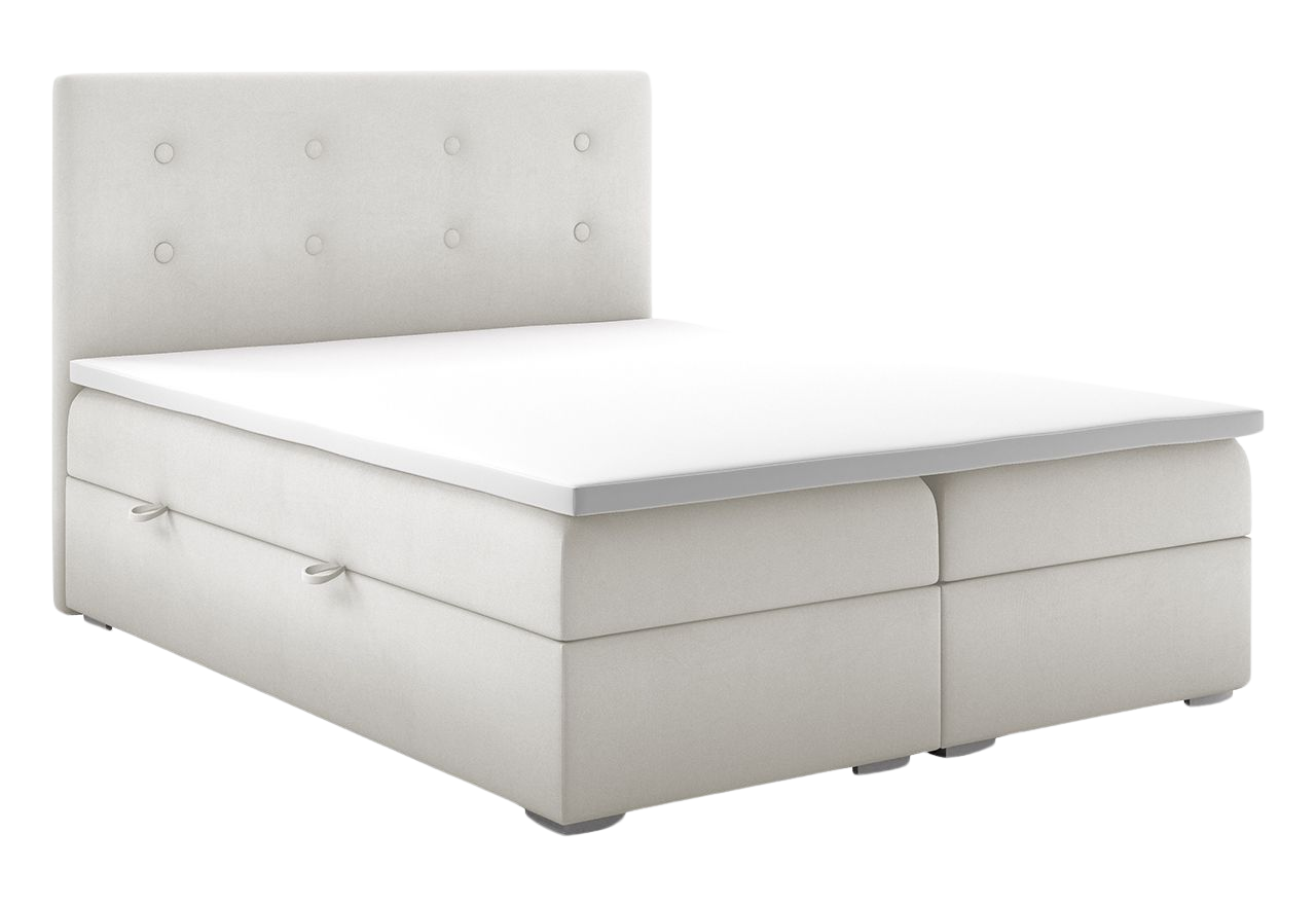 Dwuosobowe łóżko kontynentalne RAMIR z materacem 200x200 do sypialni, wygodne, wysokie w welurowej, kremowej tkaninie