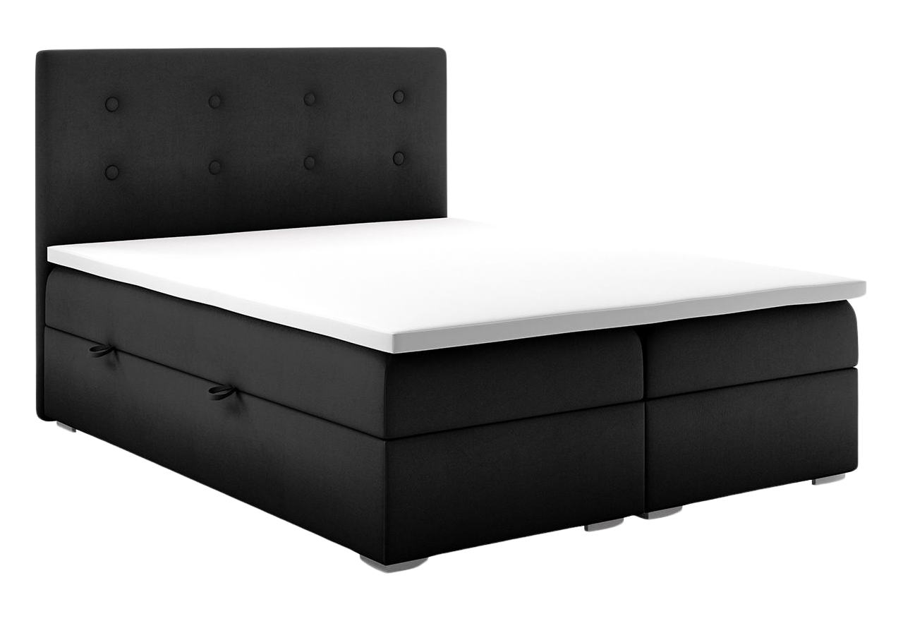 Duże łóżko kontynentalne RAMIR z materacem bonell 200x200 do sypialni, tapicerowane w pluszowej, czarnej tkaninie