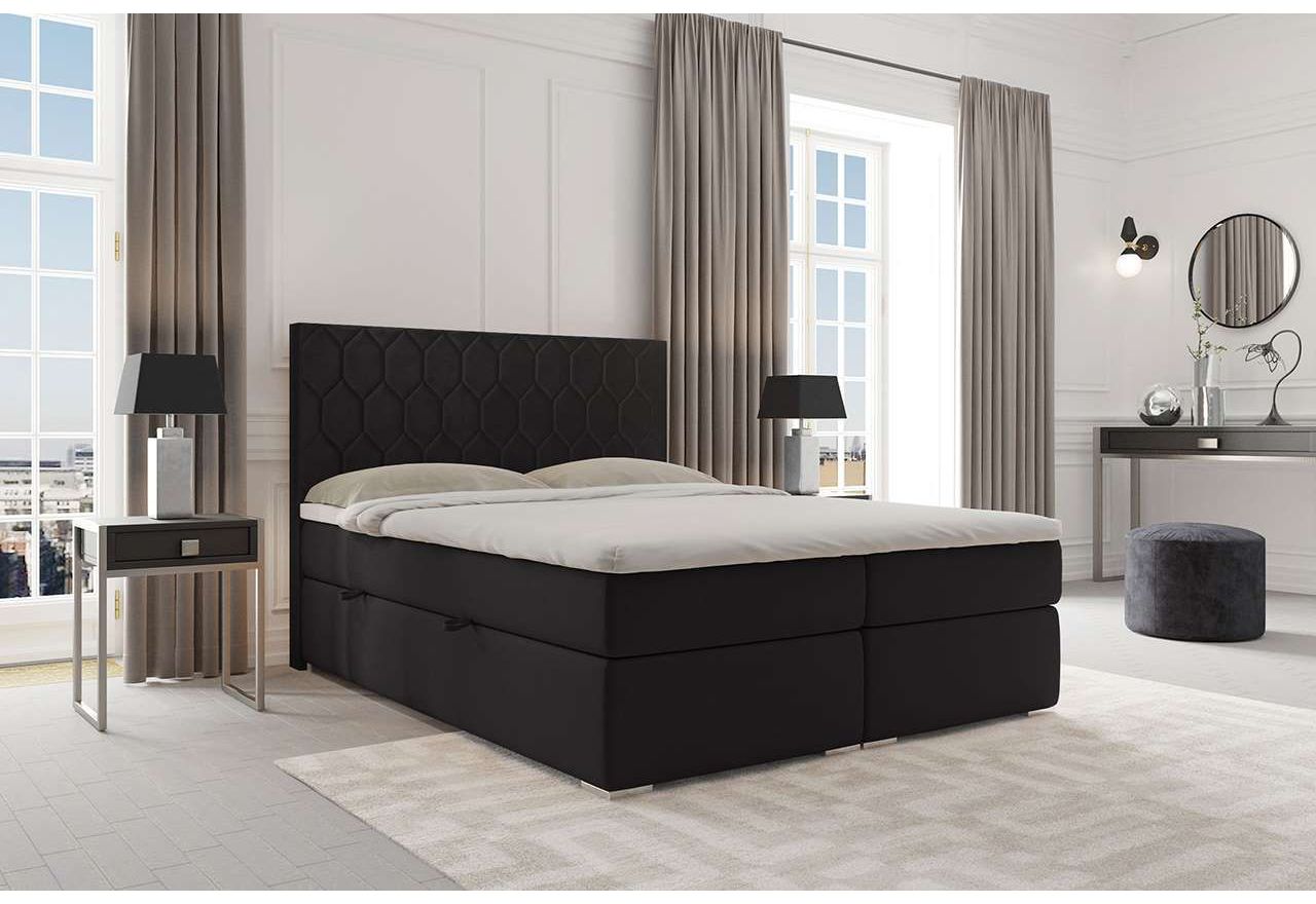 Modne, dwuosobowe łóżko kontynentalne welurowe z opcją pojemnika na pościel - PENE 200x200 czarny