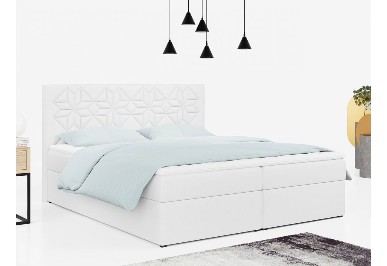 Podwójne łóżko kontynentalne z pojemnikiem na pościel i przeszywanym wezgłowiem - STELLE 1 140x200 biała ecoskóra