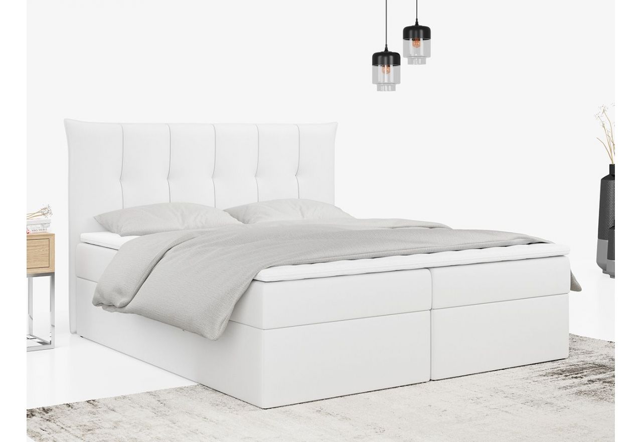 Stylowe białe łóżko kontynentalne z pikowanym wezgłowiem i 2 pojemnikami na pościel PREMIUM 10 ecoskóra 140x200
