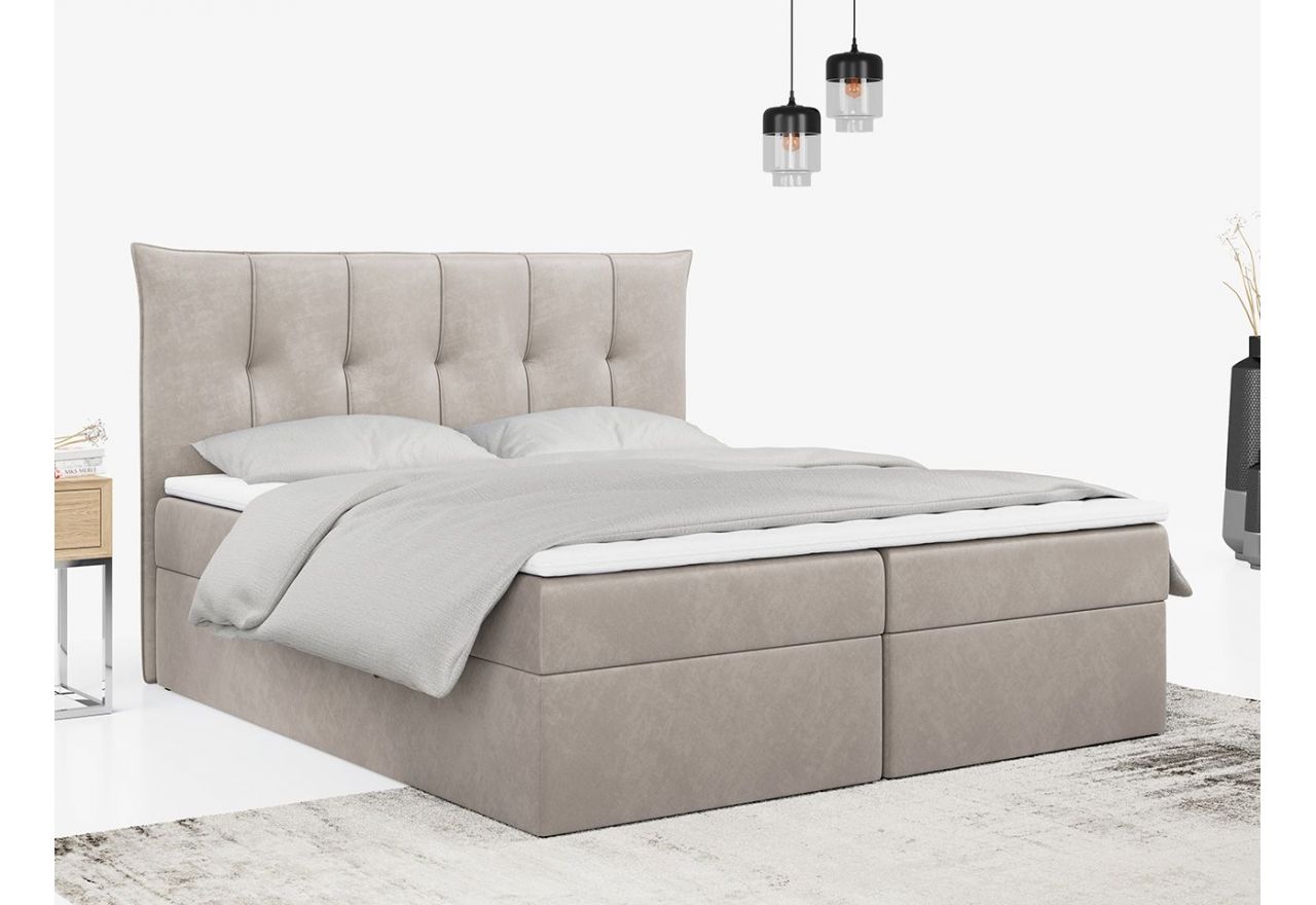 Wygodne, welurowe łóżko kontynentalne w beżowym kolorze PREMIUM 10 z wysokim zagłowiem 140x200