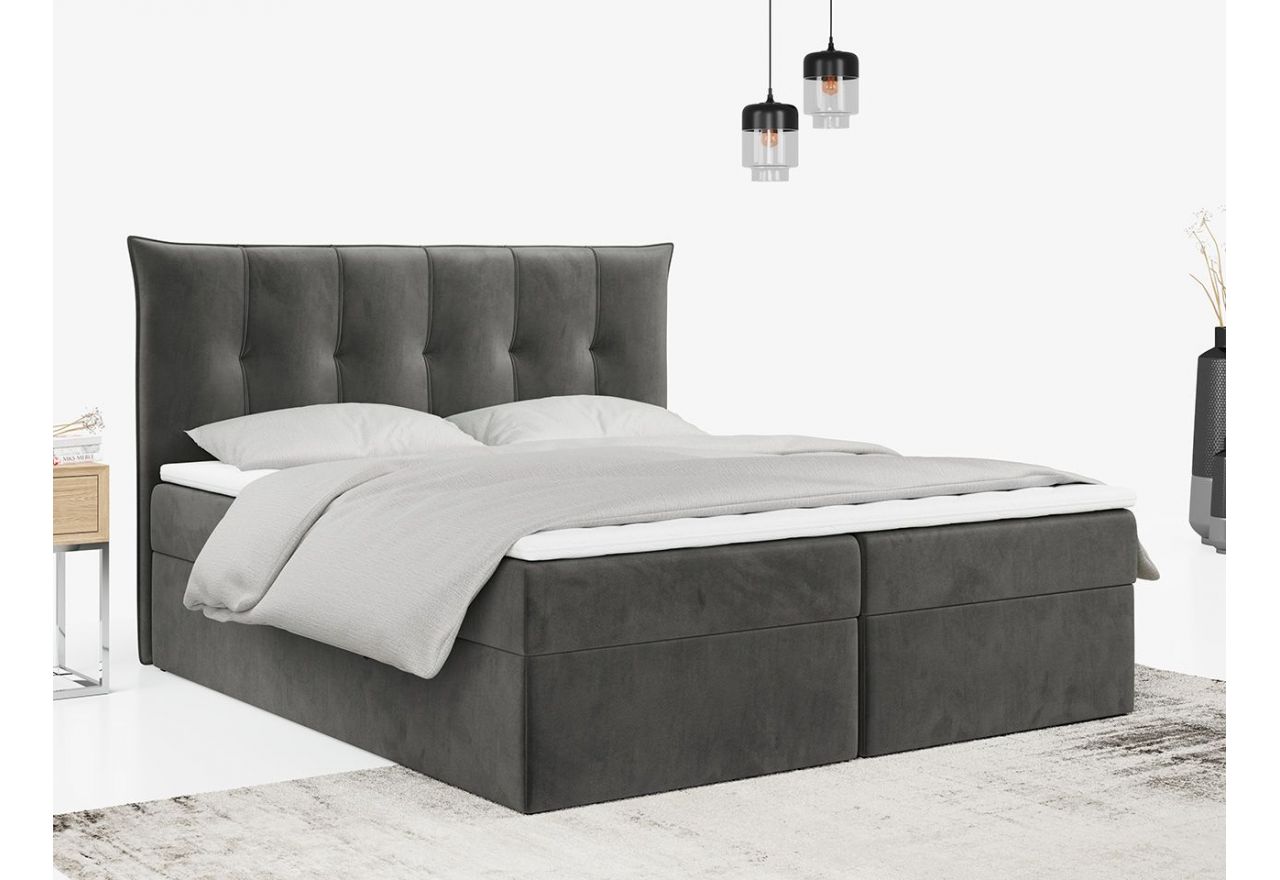Dwuosobowe łóżko kontynentalne PREMIUM 10 z ciemnoszarą welurową tapicerką i pikowanym wezgłowiem 180x200