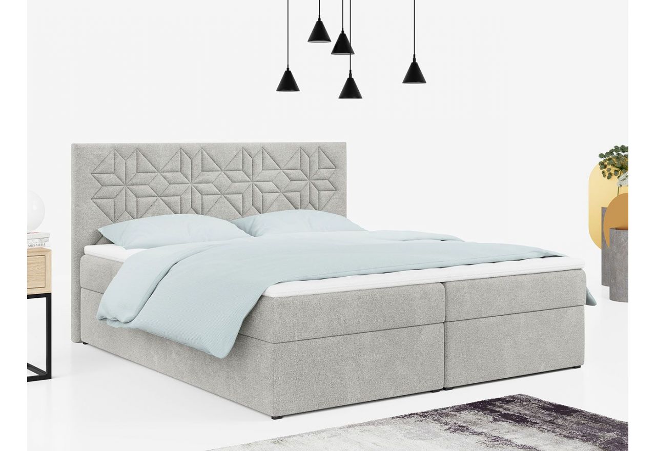 Nowoczesne łóżko kontynentalne z pojemnikami na pościel, obite miękką plecionką - STELLE 1 120x200 jasny szary
