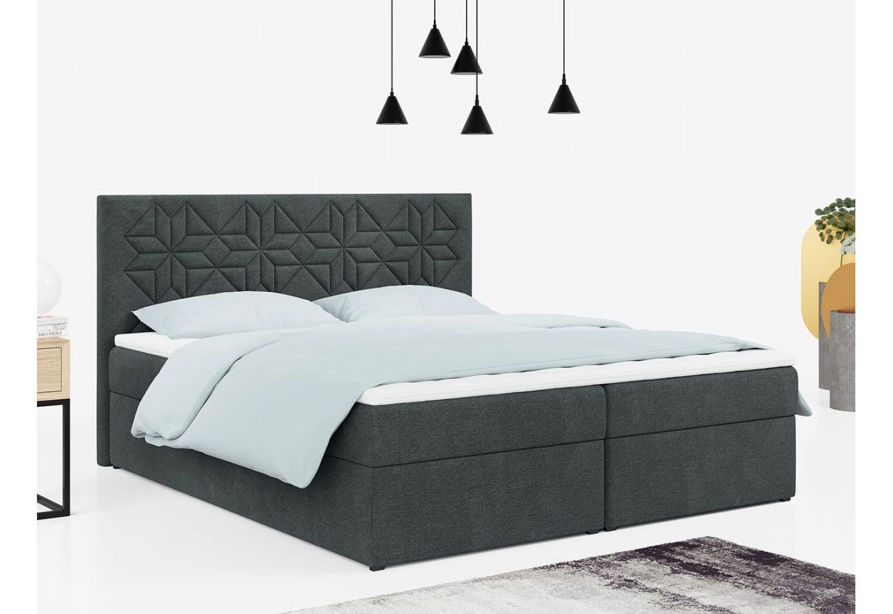 Nowoczesne łóżko kontynentalne z pojemnikami na pościel, obite miękką plecionką - STELLE 1 140x200 ciemny szary