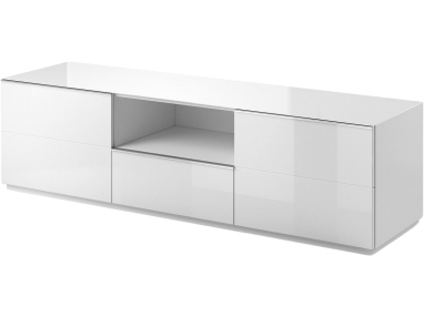 Nowoczesna komoda z drzwiczkami otwieranymi w dół oraz szufladą na środku - HEVELIO Białe szkło - Biały / Białe szkło