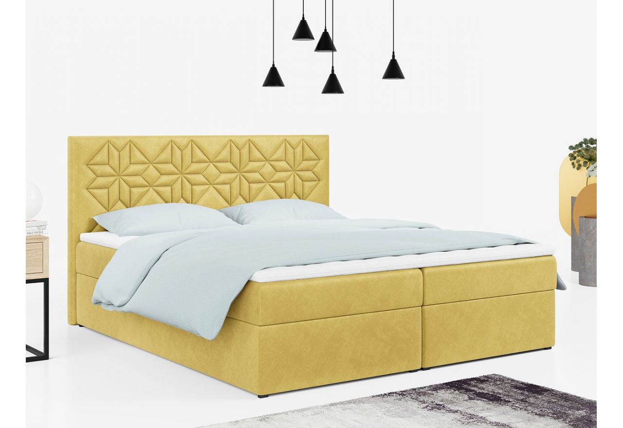 Stylowe łóżko kontynentalne z dwoma pojemnikami na pościel i wysokim wezgłowiem - STELLE 1 180x200 żółty