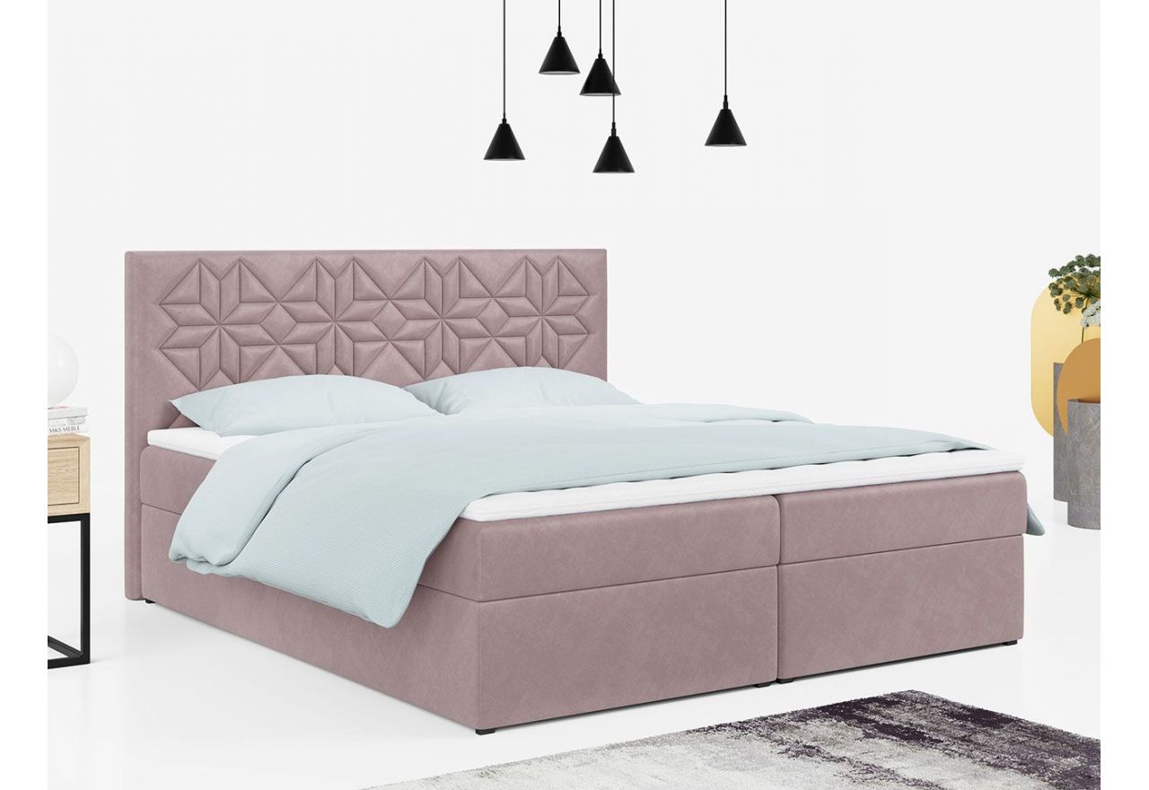 Funkcjonalne łóżko kontynentalne z pojemnikami na pościel i przeszywanym wezgłowiem do sypialni - STELLE 1 180x200 różowy