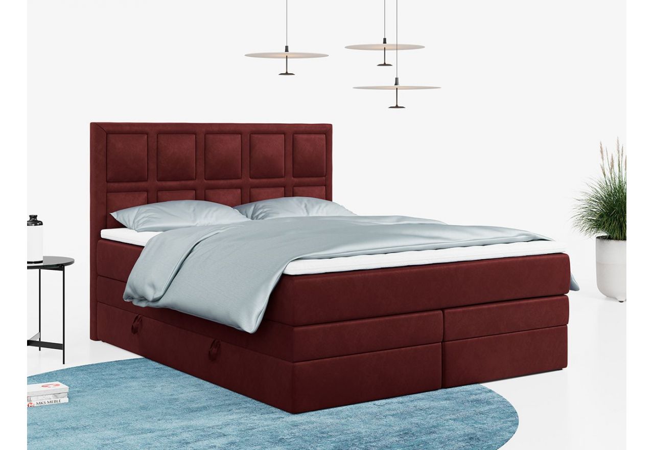 Dwuosobowe przestronne łóżko kontynentalne welurowe, czerwone, z wysokim wezgłowiem PREMIUM 5 KING 180x200