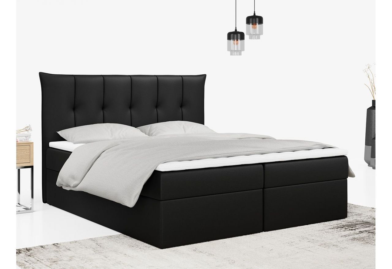 Wygodne dwuosobowe łóżko kontynentalne PREMIUM 10 z tapicerką z czarnej ecoskóry i dwoma pojemnikami na pościel 160x200