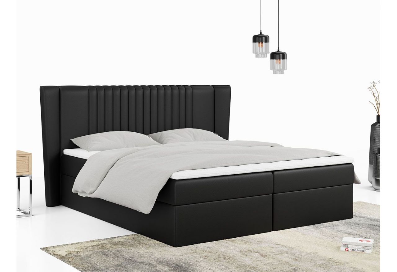 Czarne łóżko kontynentalne do nowoczesnej sypialni SEDICO z wysokim wezgłowiem i tapicerką z ecoskóry 140x200