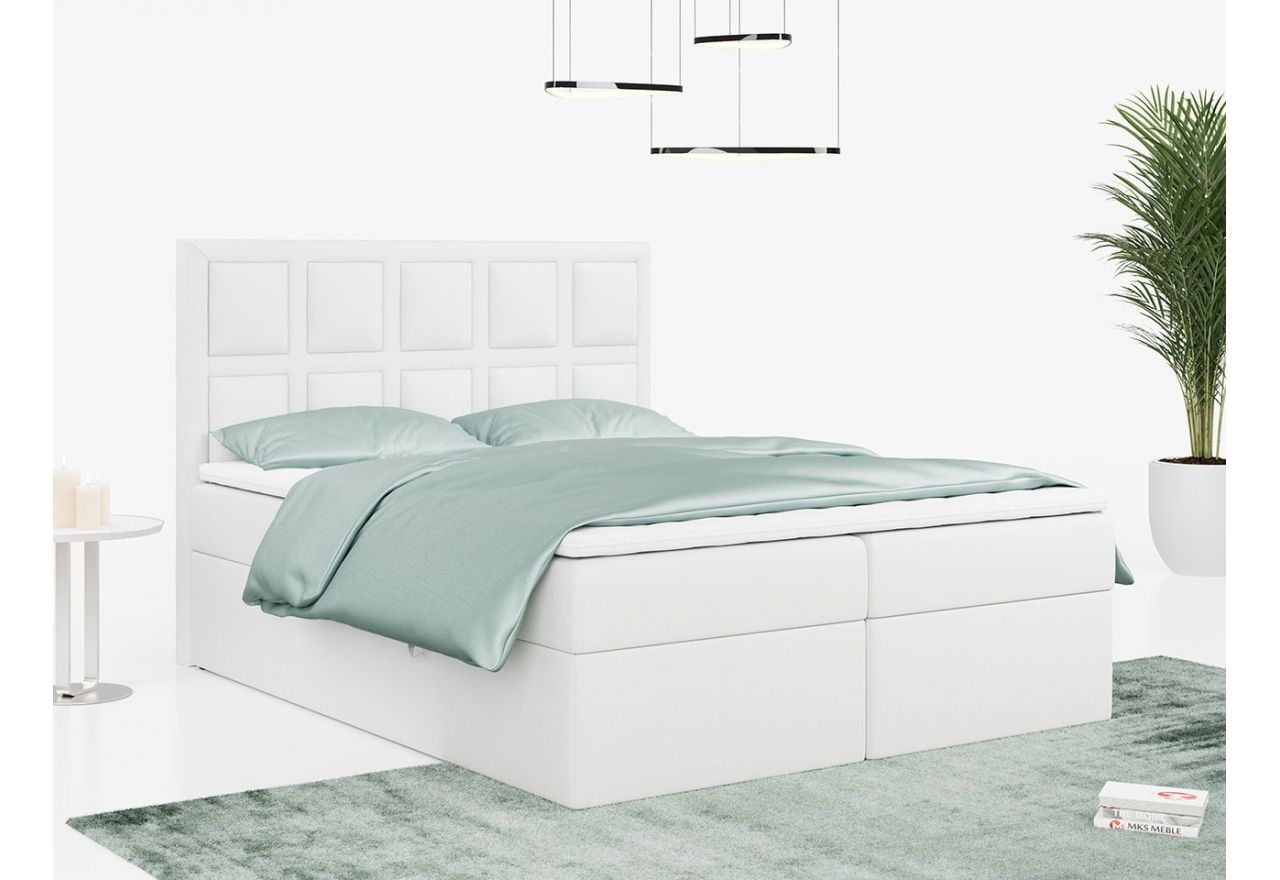 Białe łóżko kontynentalne PREMIUM 5 z dwoma pojemnikami na pościel i wysokim wezgłowiem, ecoskóra, 120x200