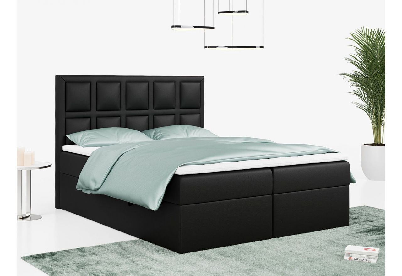 Szerokie łóżko kontynentalne PREMIUM 5 z podwójnym pojemnikiem i sprężynowym materacem, czarna ecoskóra 180x200