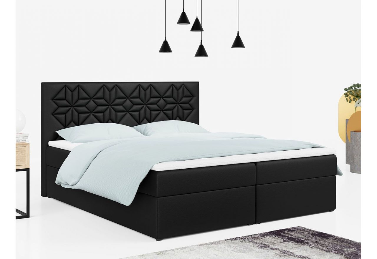 Duże łóżko kontynentalne z pojemnikami na pościel i wysokim wezgłowiem - STELLE 1 200x200 czarna ecoskóra