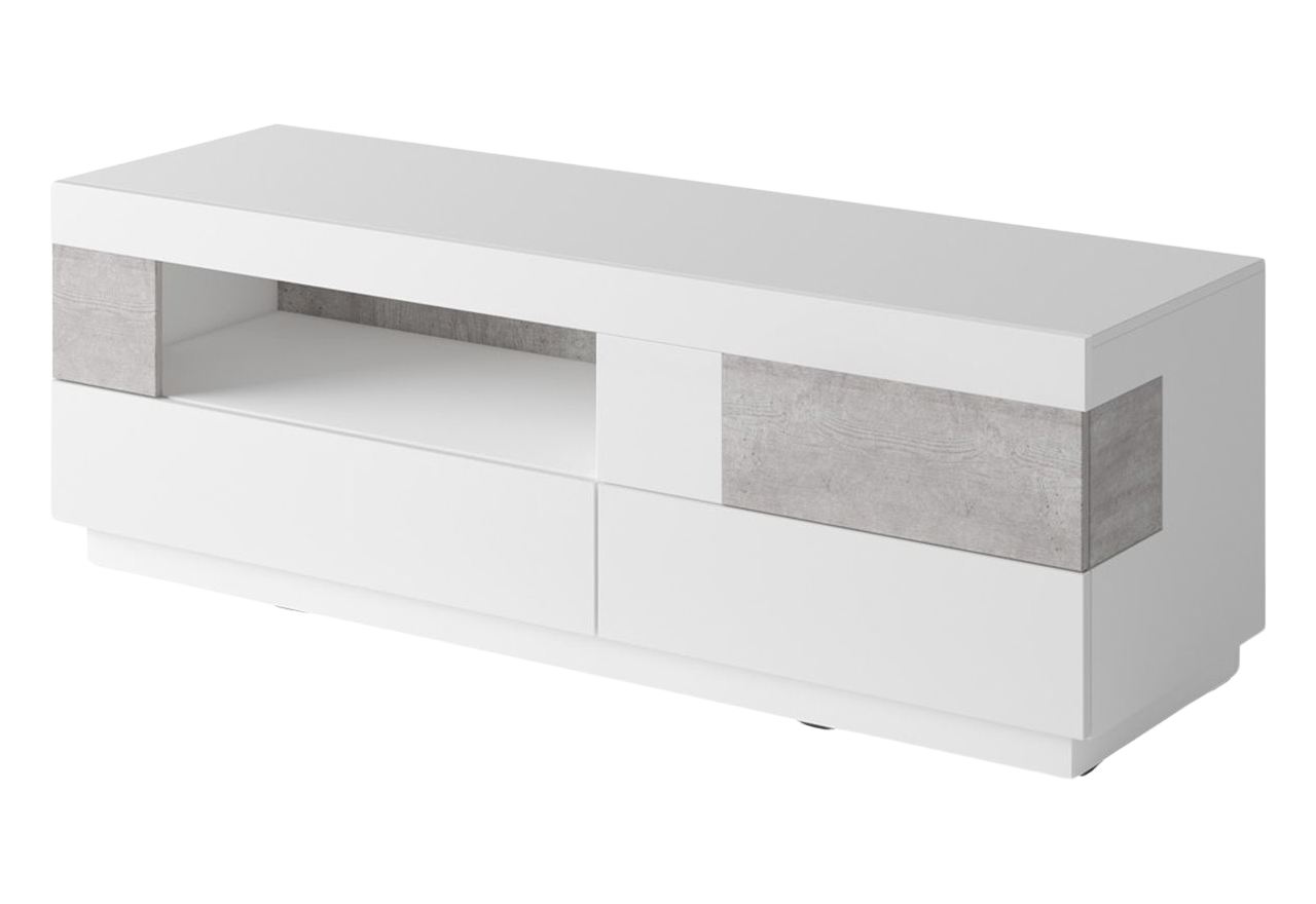 Designerska szafka RTV do salonu i pokoju dziennego z opcją LED - TULLE Biały połysk / colorado beton - biały