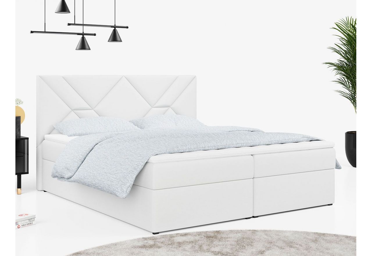Podwójne łóżko kontynentalne z pojemnikami na pościel i przeszywanym wezgłowiem - STELLE 6 160x200 biała ecoskóra
