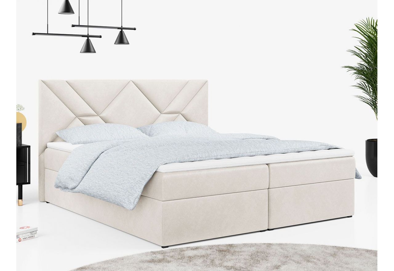 Podwójne łóżko kontynentalne z przeszywanym wezgłowiem w tkaninie typu plusz - STELLE 6 140x200 kremowy