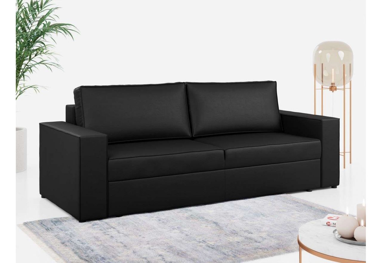 Stylowa kanapa trzyosobowa z tapicerką z ecoskóry, funkcją spania i sprężynowym siedziskiem LEO czarna