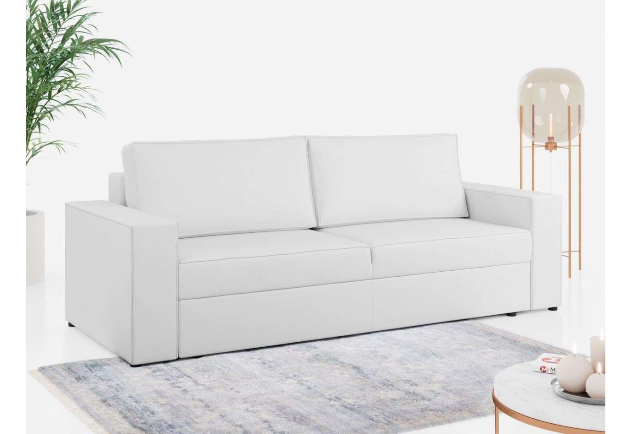 Biała sofa rozkładana do salonu LEO z pojemnikiem na pościel i tapicerką z ecoskóry