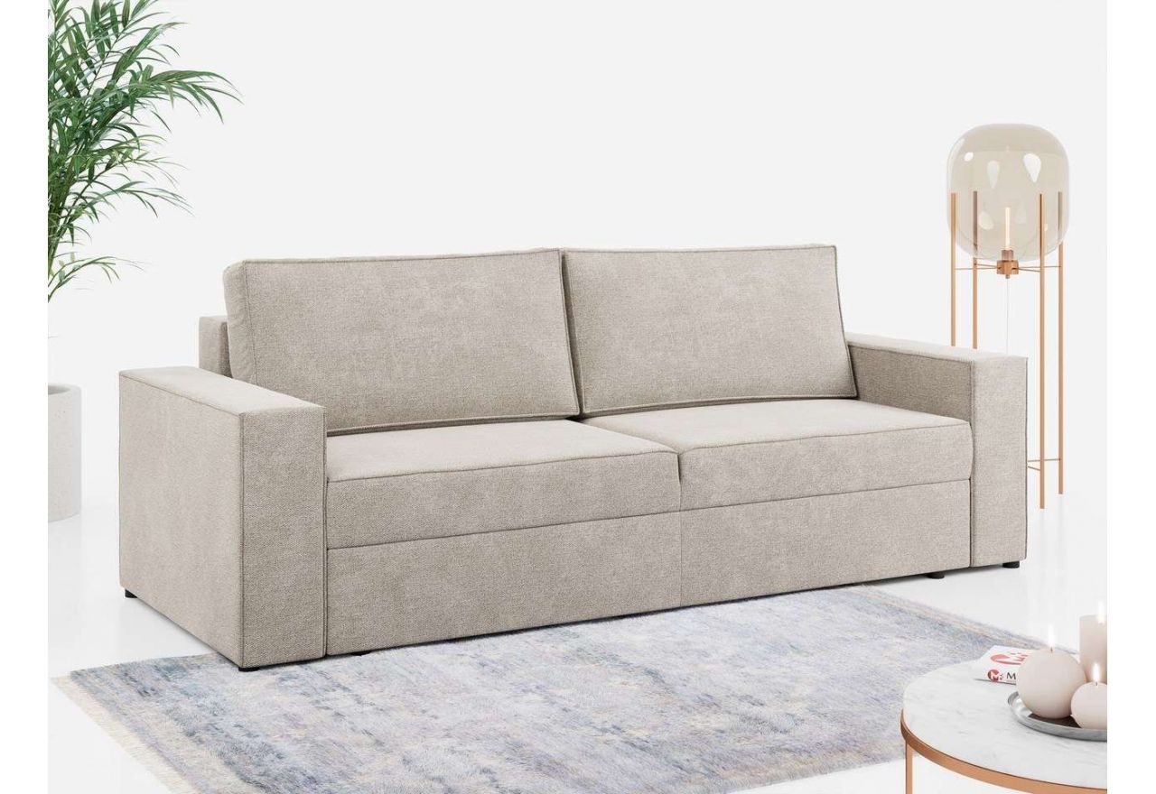 Beżowa kanapa z tapicerką z plecionki, funkcją spania i pojemnikiem na pościel, LEO, wolnostojąca