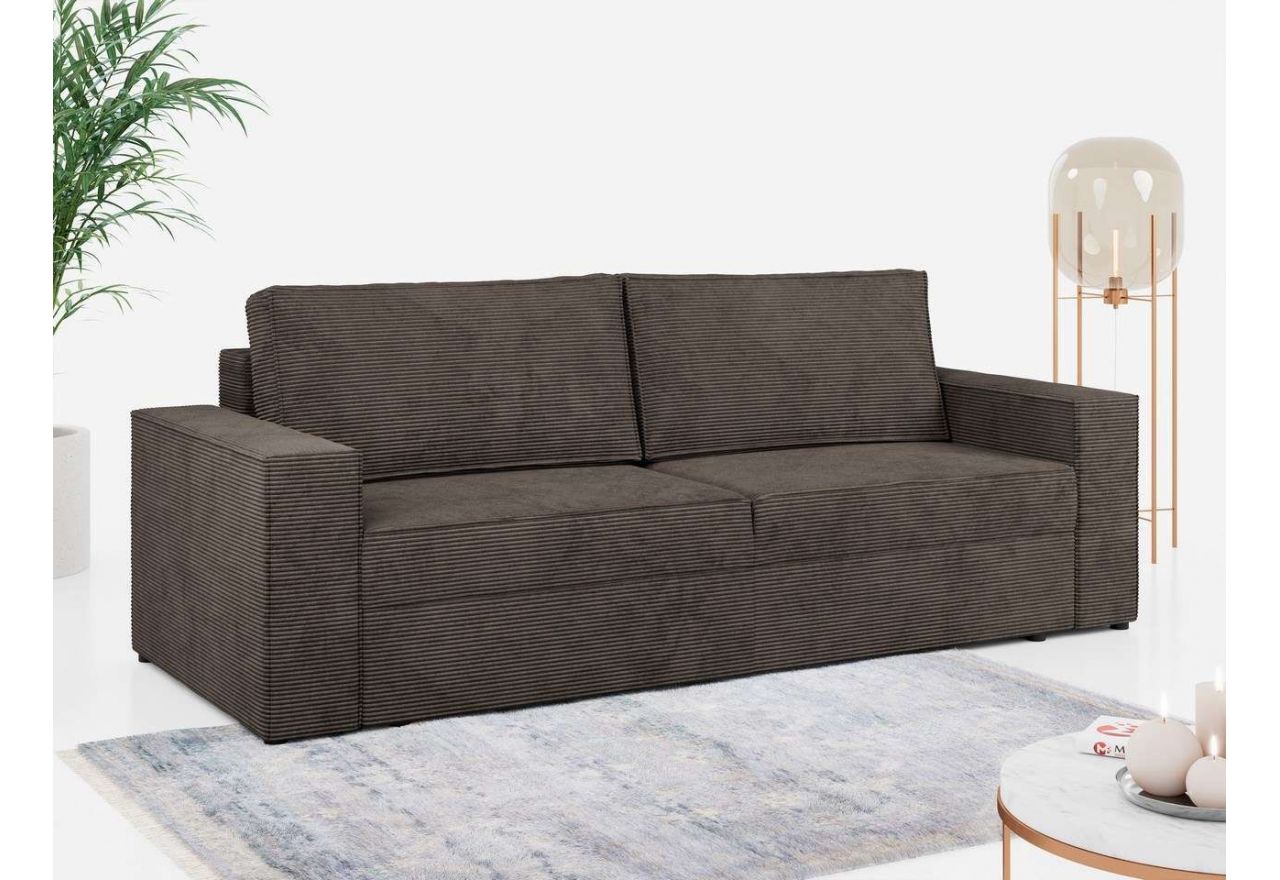 Wygodna sofa trzyosobowa w brązowej sztruksowej tapicerce, LEO do nowoczesnego salonu, rozkładana