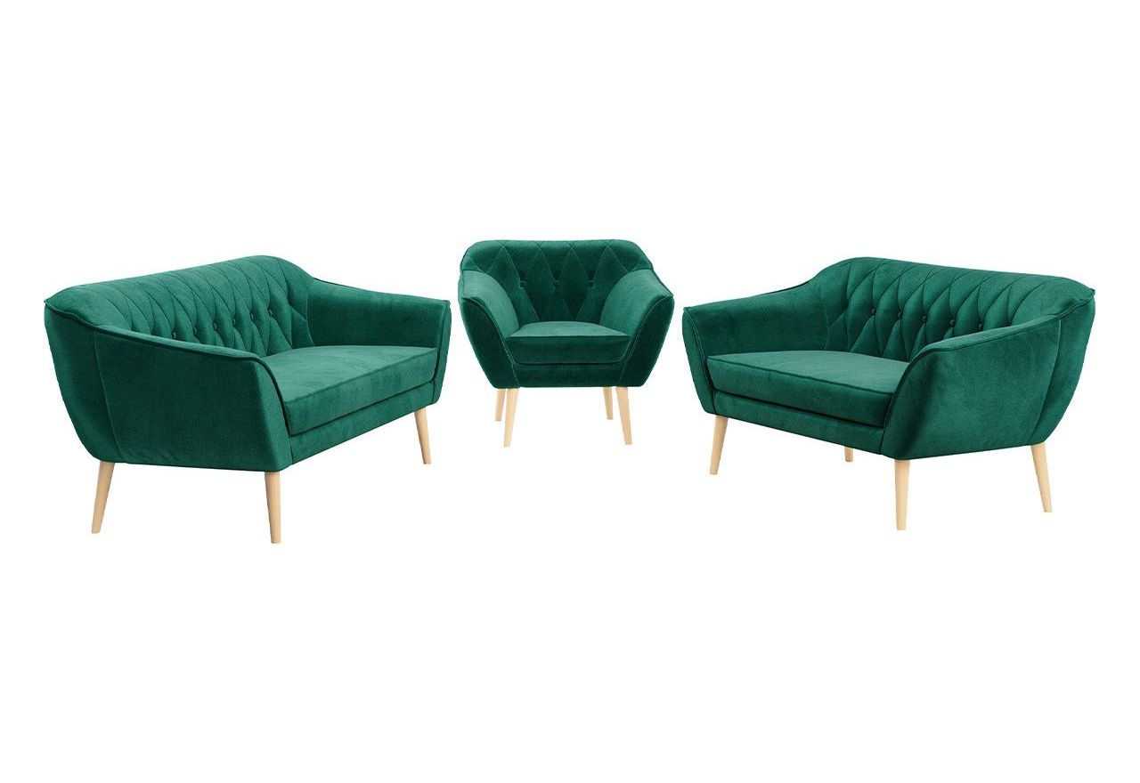 Zestaw wypoczynkowy do salonu w stylu skandynawskim - PIRS 3+2+1 butelkowa zieleń