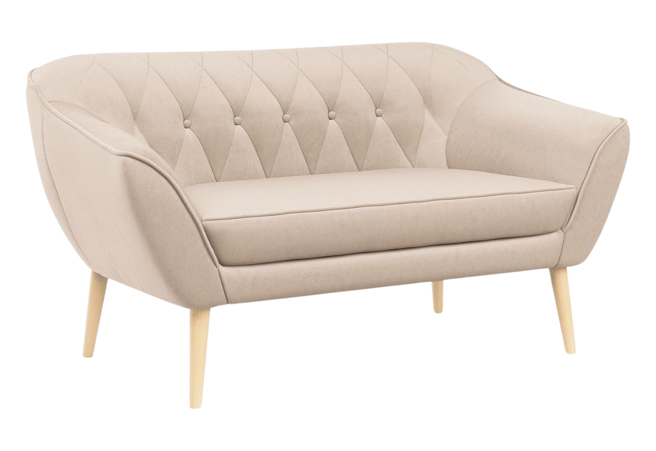 Skandynawska, dwuosobowa sofa sprężynowa na wysokich drewnianych