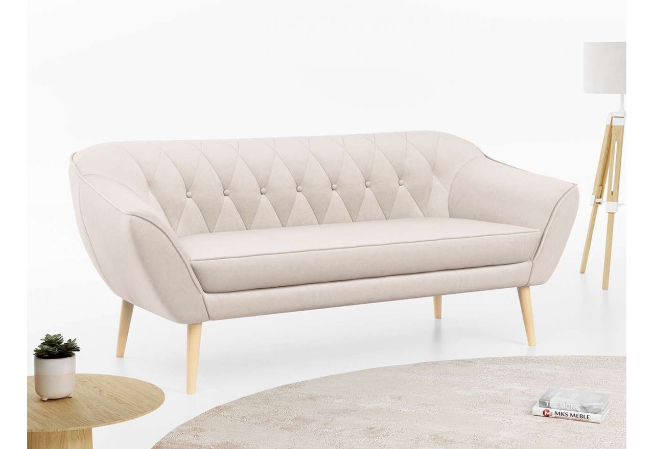 Wygodna, sprężynowa sofa trzyosobowa w jasnobeżowym, welurowym tapicerowaniu PIRS 3