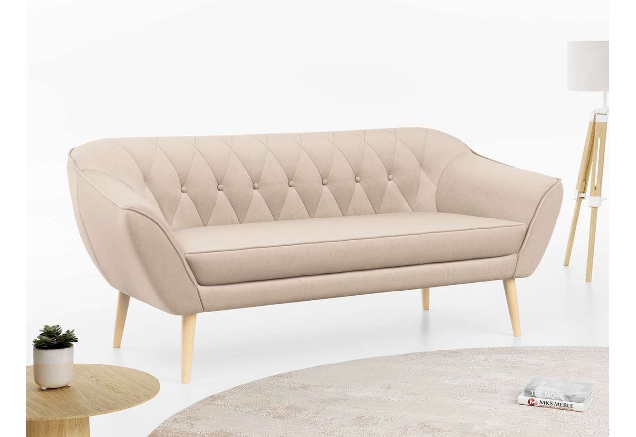 Komfortowa sofa skandynawska trzyosobowa PIRS 3, wolnostojąca, z beżową welurową tapicerką