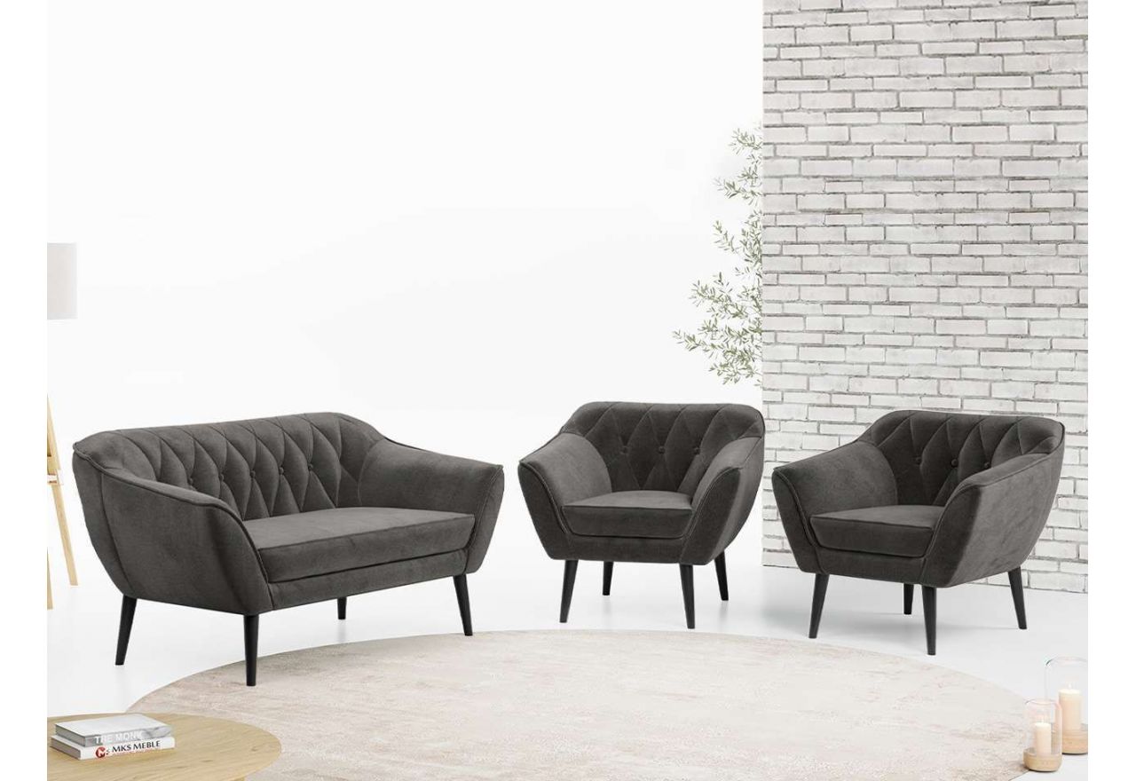 Zestaw wypoczynkowy sofa z dwoma fotelami do salonu - PIRS 2+1+1 w jasnobeżowej welurowej tapicerce