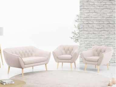 Zestaw wypoczynkowy sofa z dwoma fotelami do salonu - PIRS 2+1+1 w jasnobeżowej welurowej tapicerce