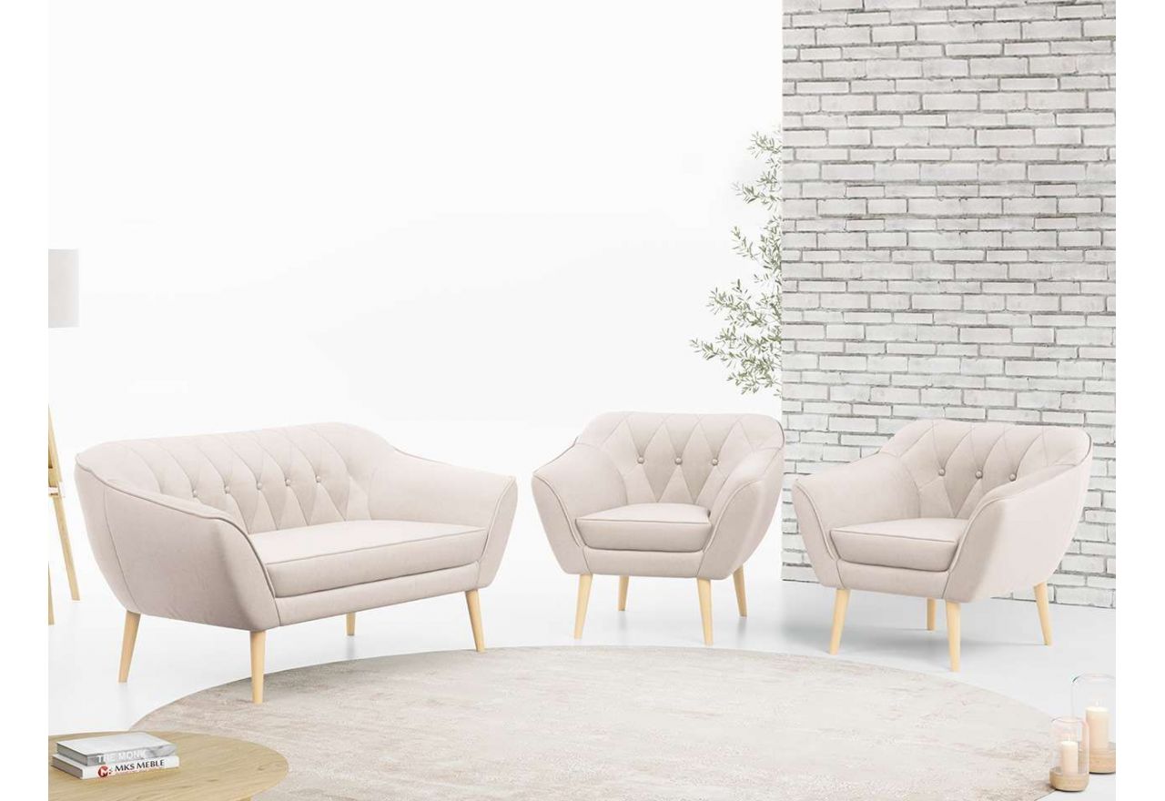 Zestaw wypoczynkowy sofa z dwoma fotelami do salonu - PIRS 2+1+1 w jasnobeżowej welurowej tapicerce
