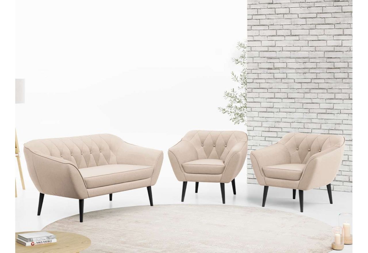 Zestaw wypoczynkowy sofa z dwoma fotelami do salonu - PIRS 2+1+1 w jasnobeżowej welurowej tapicerce