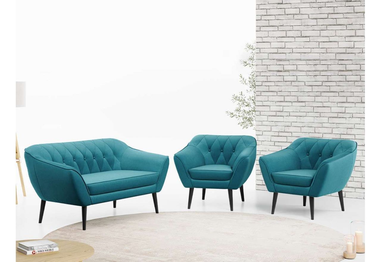 Zestaw wypoczynkowy sofa z dwoma fotelami do salonu - PIRS 2+1+1 w jasnobeżowej welurowej tapicerce