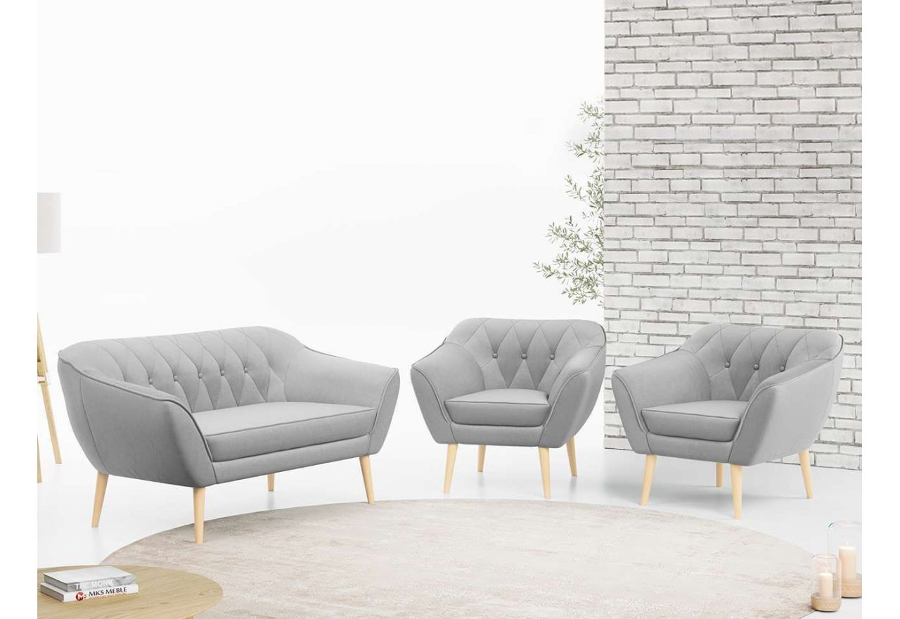 Zestaw wypoczynkowy sofa z dwoma fotelami do salonu - PIRS 2+1+1 w jasnobeżowej welurowej tapicerce