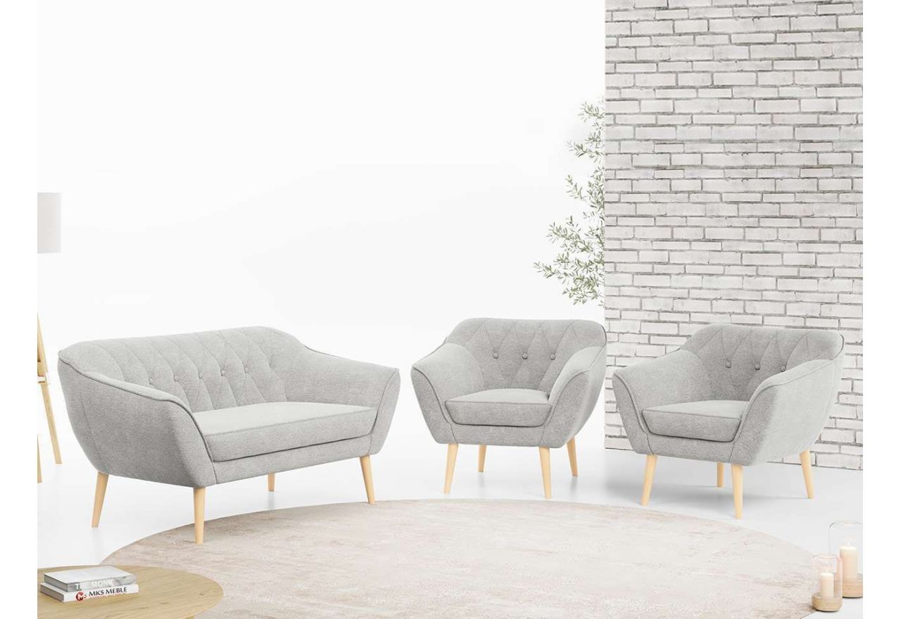 Zestaw wypoczynkowy sofa z dwoma fotelami do salonu - PIRS 2+1+1 w jasnobeżowej welurowej tapicerce