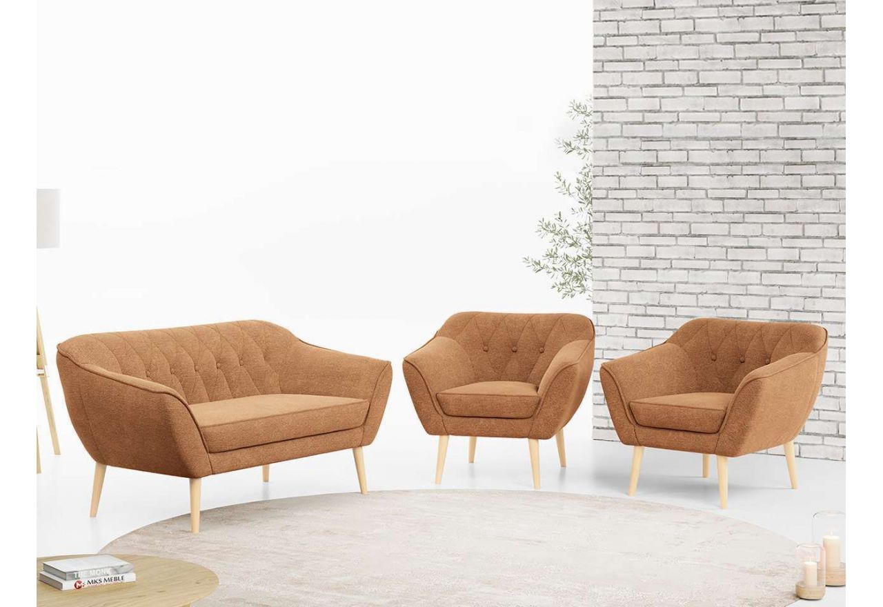 Zestaw wypoczynkowy sofa z dwoma fotelami do salonu - PIRS 2+1+1 w jasnobeżowej welurowej tapicerce