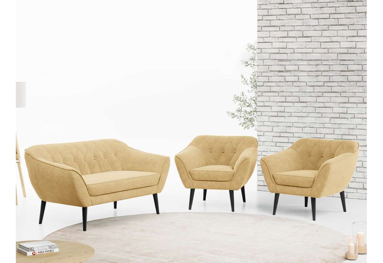 Zestaw wypoczynkowy sofa z dwoma fotelami do salonu - PIRS 2+1+1 w jasnobeżowej welurowej tapicerce