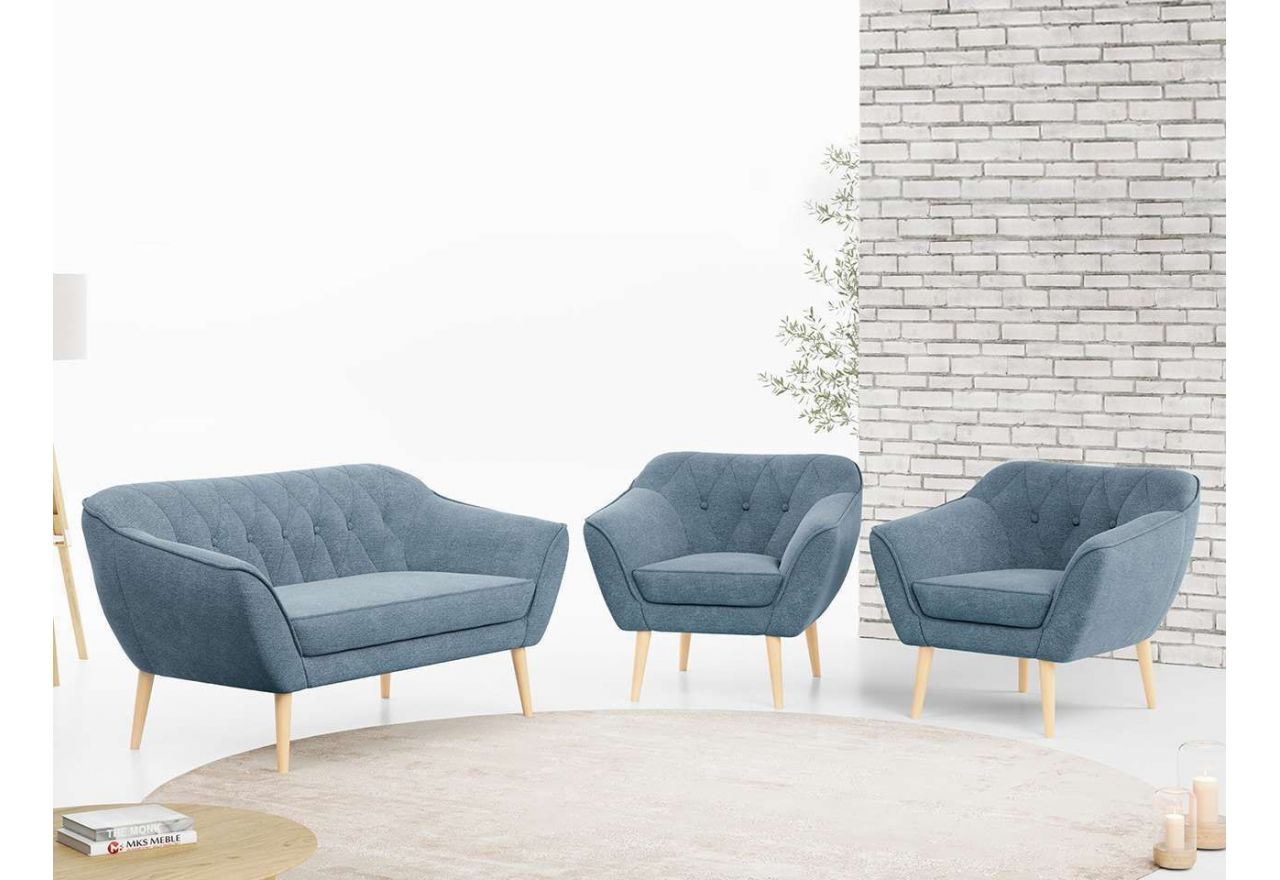 Zestaw wypoczynkowy sofa z dwoma fotelami do salonu - PIRS 2+1+1 w jasnobeżowej welurowej tapicerce