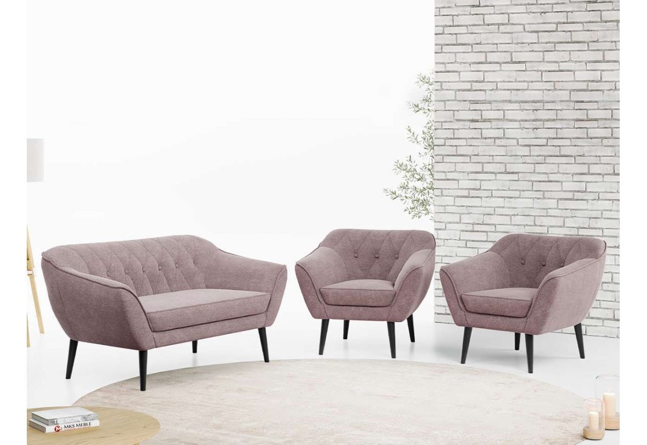 Zestaw wypoczynkowy sofa z dwoma fotelami do salonu - PIRS 2+1+1 w jasnobeżowej welurowej tapicerce