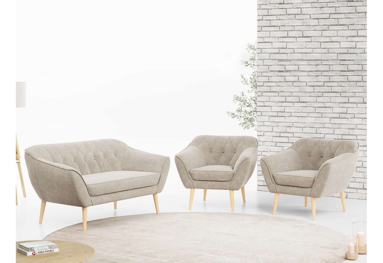 Zestaw wypoczynkowy sofa z dwoma fotelami do salonu - PIRS 2+1+1 w jasnobeżowej welurowej tapicerce