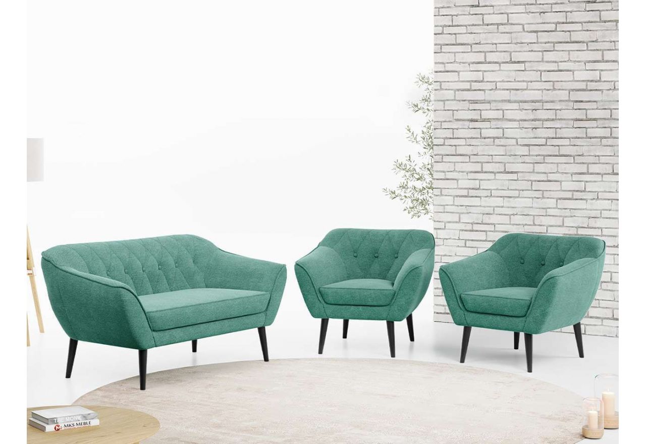 Zestaw wypoczynkowy sofa z dwoma fotelami do salonu - PIRS 2+1+1 w jasnobeżowej welurowej tapicerce